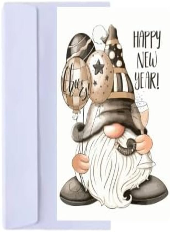 Happy New Year Greeting Card, Watercolor Nordic Gnome Design, Winter Holiday Theme, Single Card with Envelope SIZE(27X19).